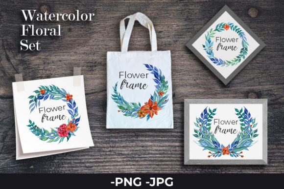 Blue Watercolor Floral Wreath Bouquet for Crafts