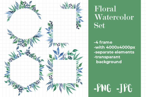 Sky Blues Watercolor Floral Frame Set for Crafts